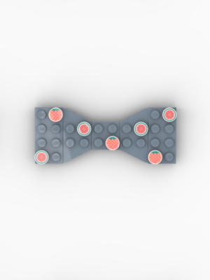 New Page Sand Blue Lego bow tie with small Lego tiles with fruit patterns
